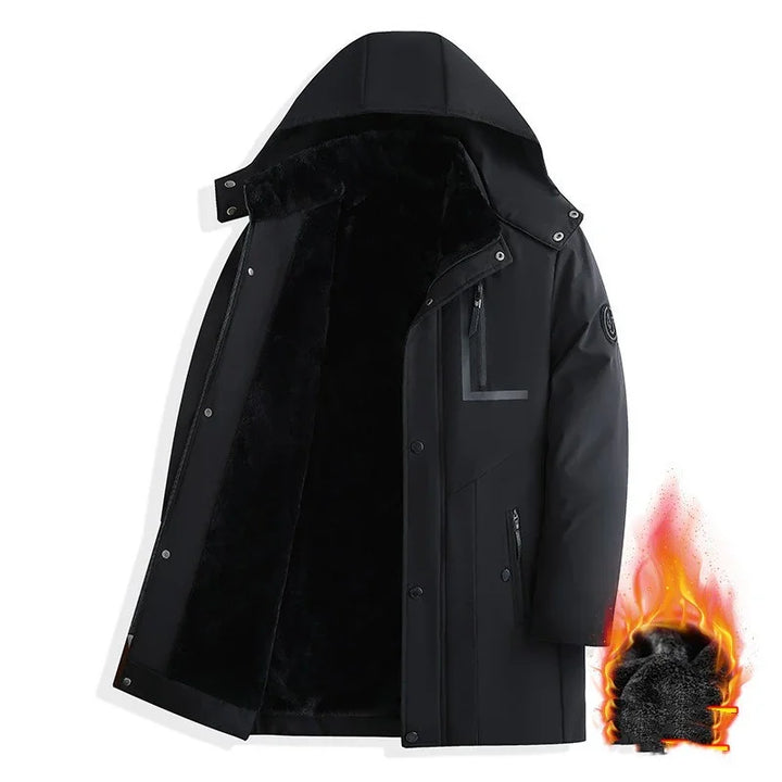Black winter coat with hood and plush fleece lining, featuring zippered pockets and warm insulation