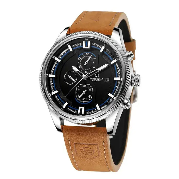 Forsining automatic men's wristwatch with black dial, silver case, and brown leather strap