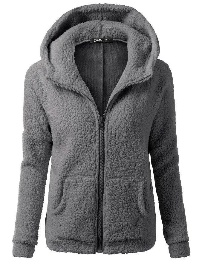 Gray hooded fleece jacket with front zipper and two front pockets for women