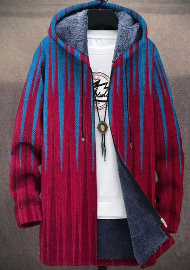 Men's hooded cardigan with red and blue vertical stripe pattern and soft gray inner lining
