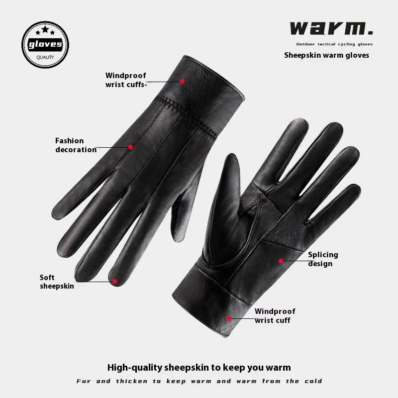 Black sheepskin gloves with windproof wrist cuffs, splicing design, and fashion decoration