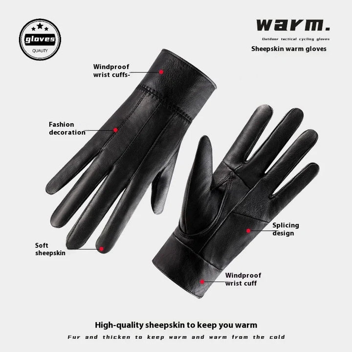 Black sheepskin gloves with windproof wrist cuffs, splicing design, and fashion decoration