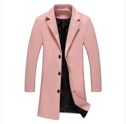 men's pink wool blend overcoat with black inner lining and three black buttons
