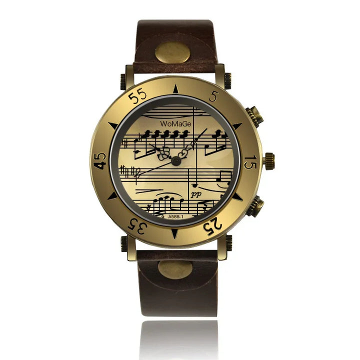 Vintage wristwatch with brass finish and brown leather strap featuring a musical score dial