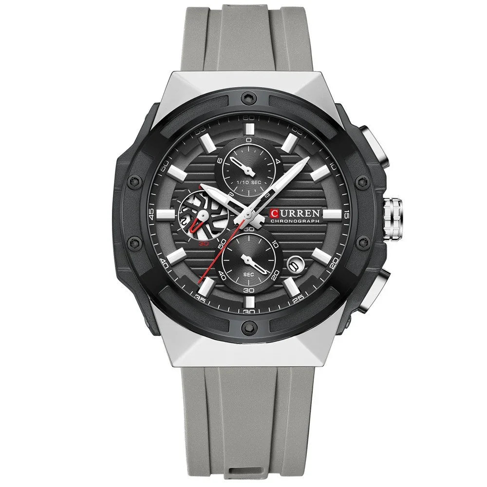 Curren black chronograph watch with grey silicone strap and multiple dials