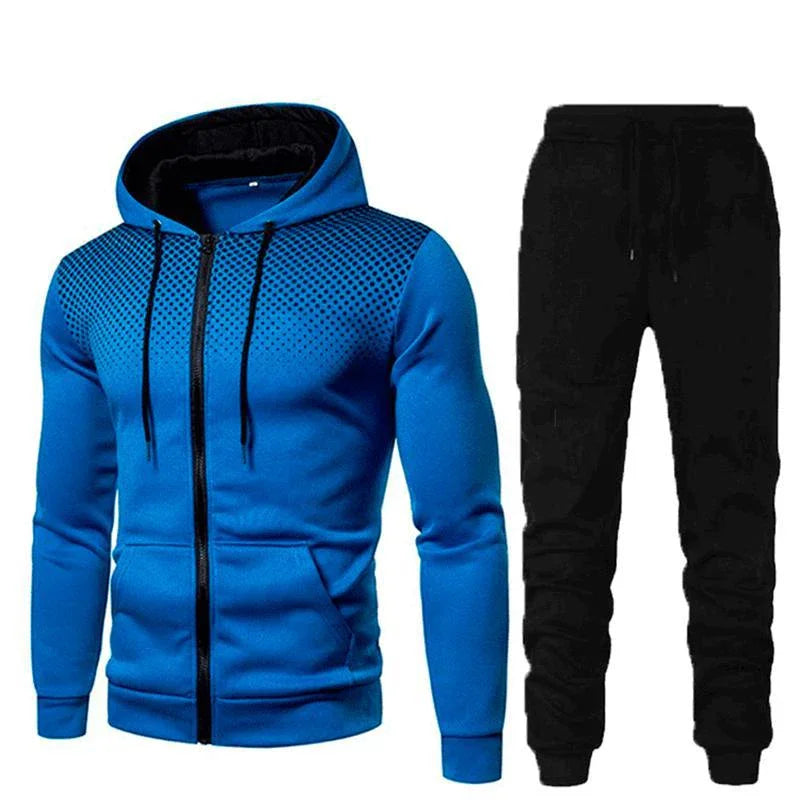 Blue zip-up hoodie with black dotted pattern and black jogger pants sportswear set