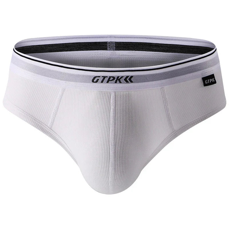 White ribbed men's briefs with elastic waistband featuring GTPK logo