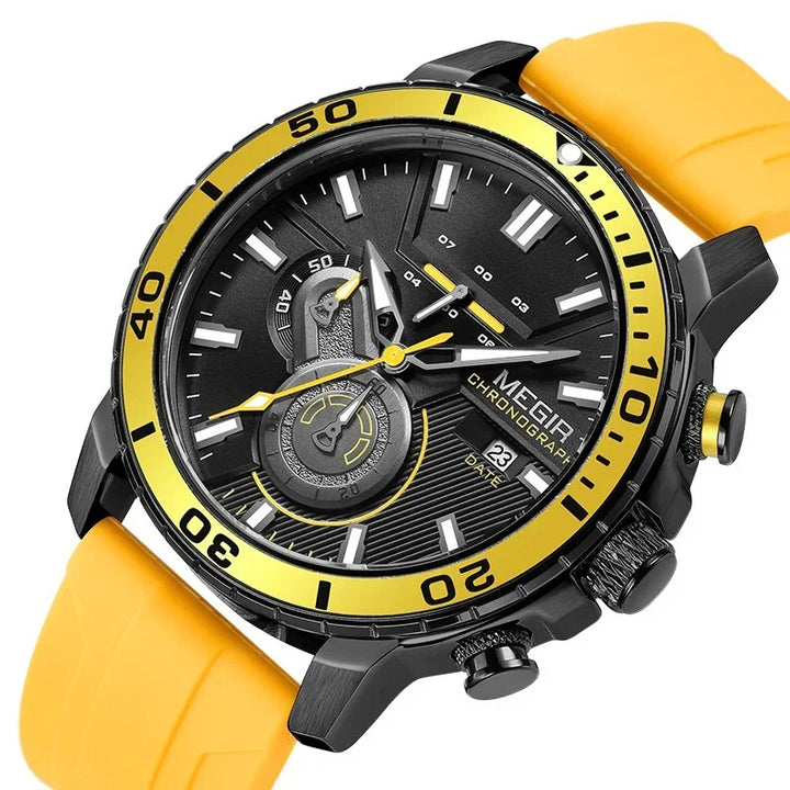 Black and yellow MEGIR chronograph wristwatch with yellow silicone strap, date display, and detailed dial