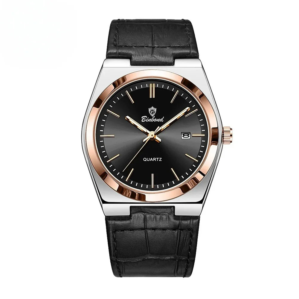 Binbond men's quartz wristwatch with black dial, rose gold bezel, and black leather strap