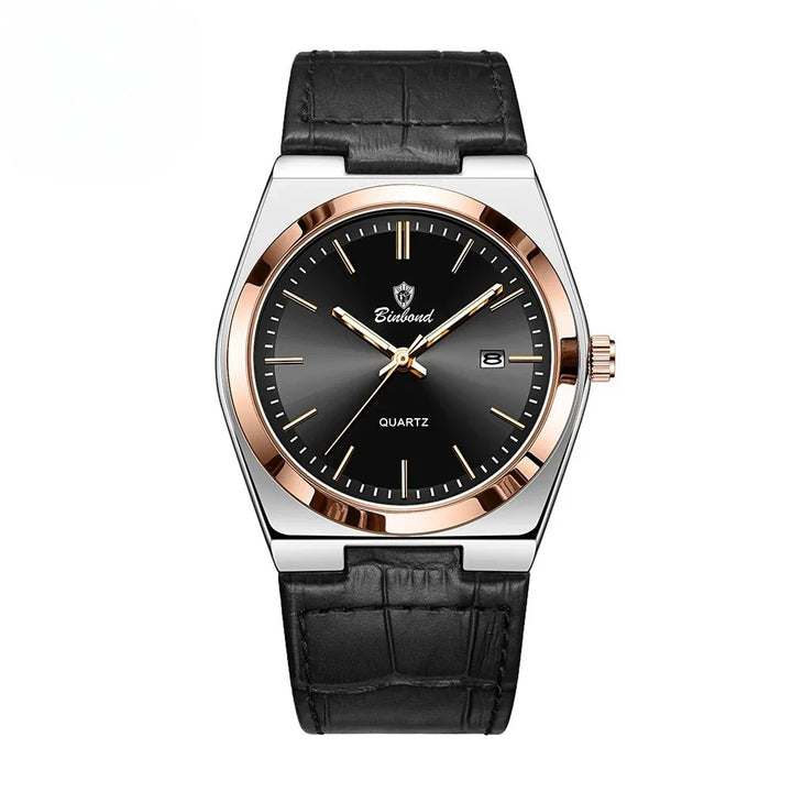 Binbond men's quartz wristwatch with black dial, rose gold bezel, and black leather strap