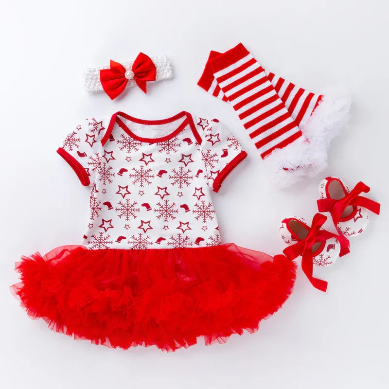 Christmas baby outfit with red tutu dress, snowflake print, striped leg warmers, bow headband, and matching shoes