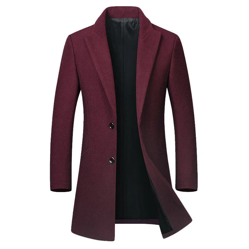 Men's burgundy wool blend overcoat with black lining and two-button front closure