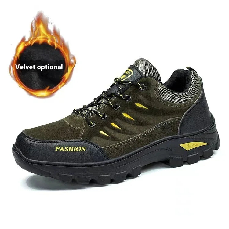 black and olive green fashion hiking shoe with rugged sole and velvet optional lining