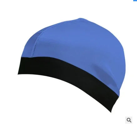 Blue swim cap with a black band around the base on a white background