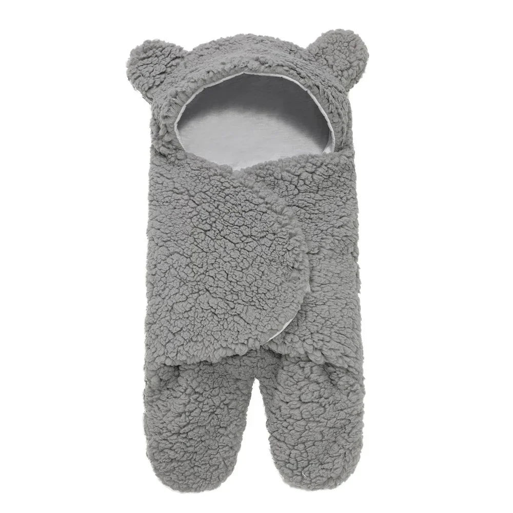 Gray sherpa baby swaddle blanket with hood and bear ears, cozy and soft infant wrap