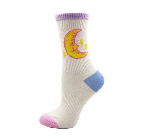 White crew sock with purple cuff, pink toe, blue heel, and yellow crescent moon design