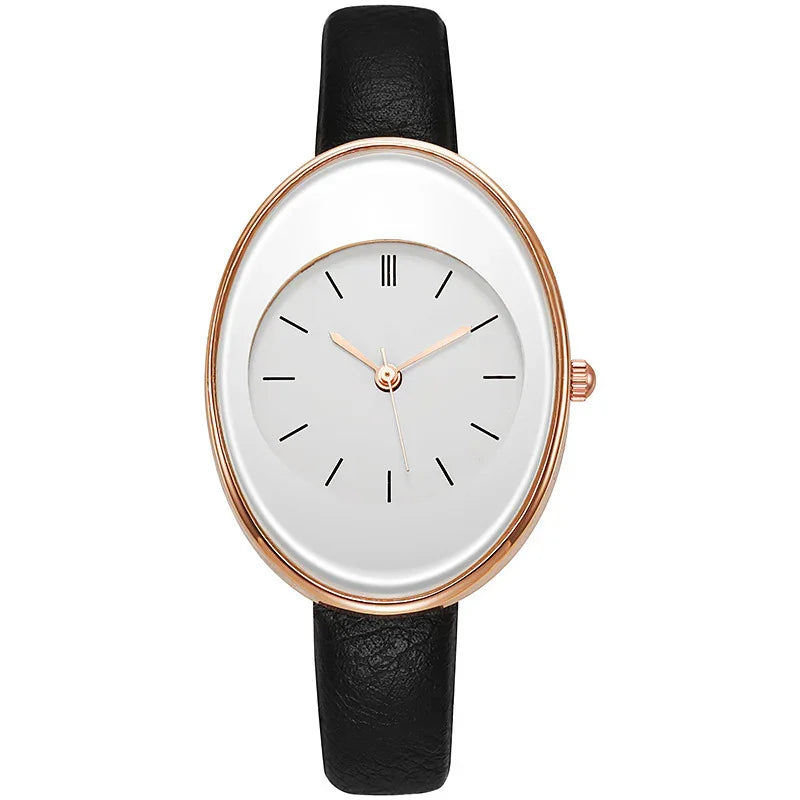 Elegant oval rose gold watch with white dial and minimalist black markers on black leather band