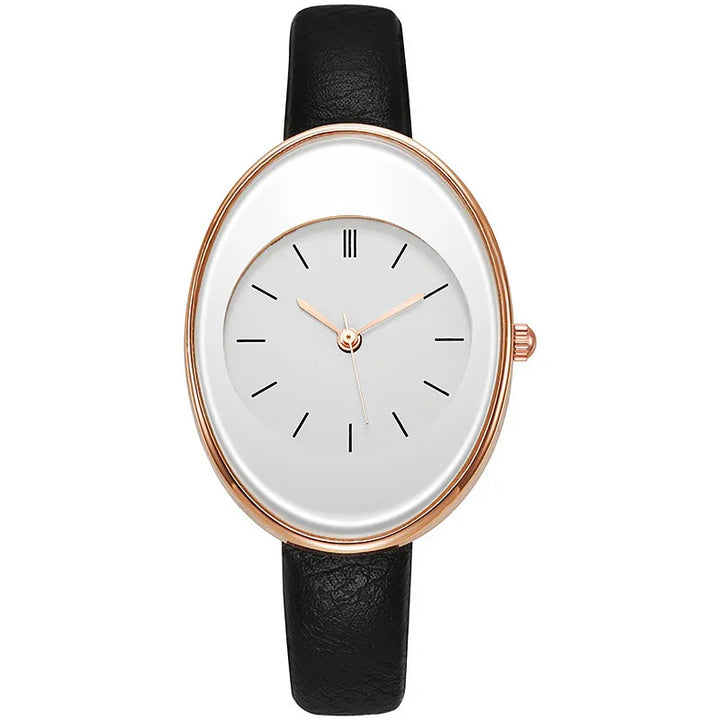 Elegant oval rose gold watch with white dial and minimalist black markers on black leather band