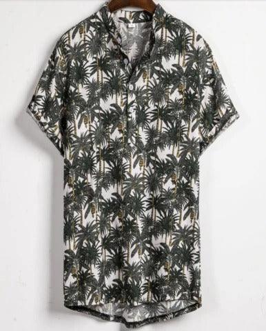 Men's short sleeve button-up shirt with green palm tree print on white background