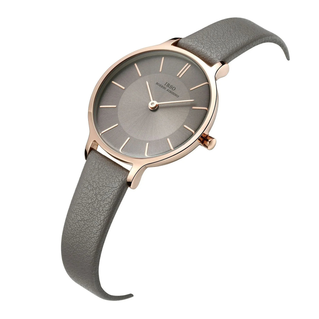 IBSO rose gold wristwatch with gray leather band and minimalist dial design