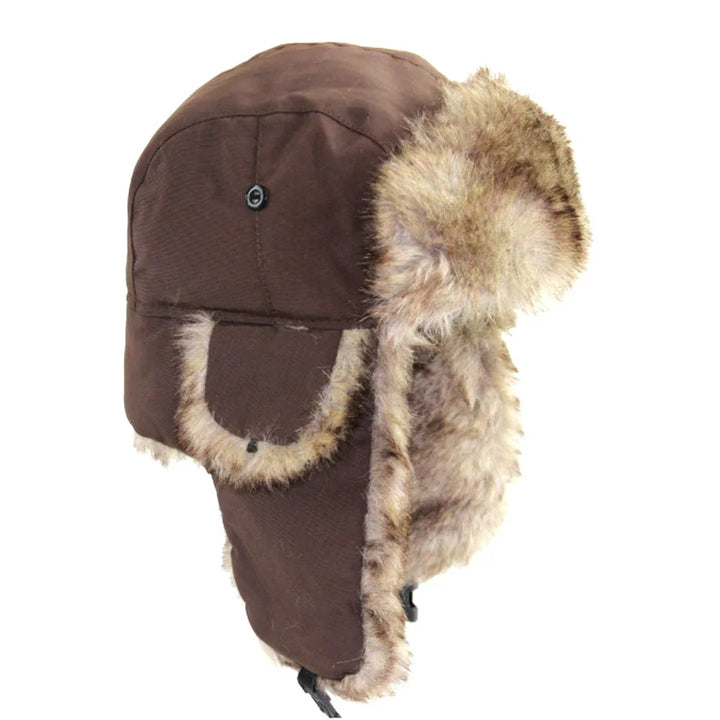 Brown winter trapper hat with faux fur lining and ear flaps for cold weather
