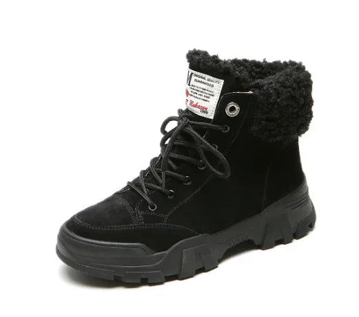 Black lace-up winter boot with thick sole and plush fur collar, featuring white label on tongue
