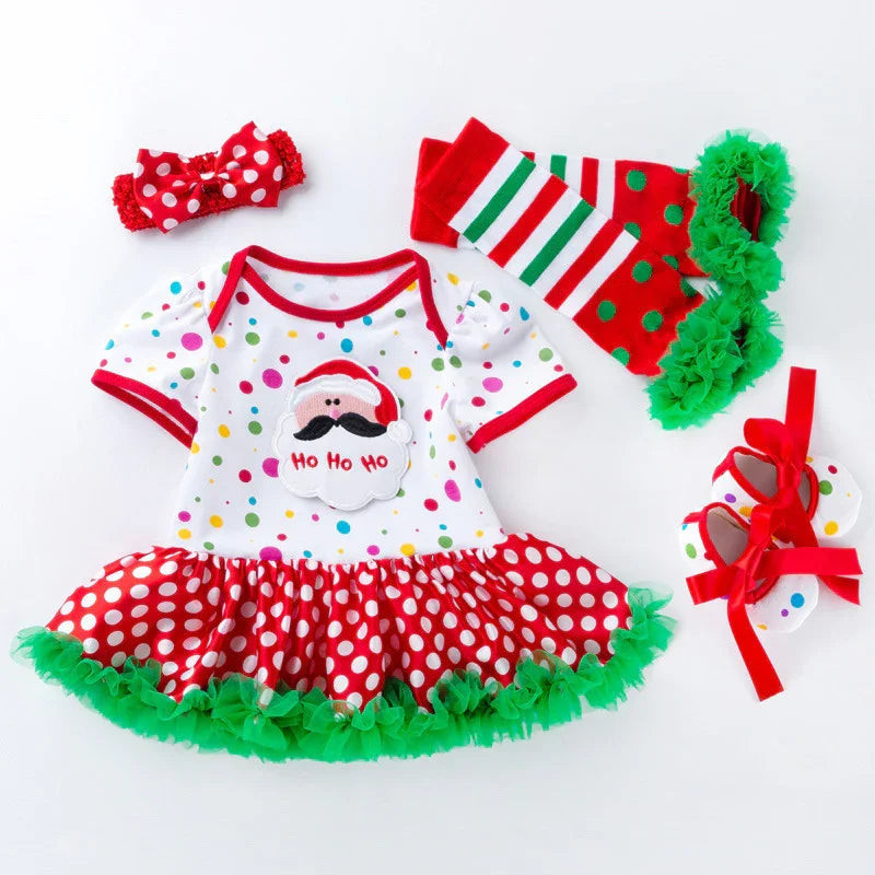 Christmas baby outfit set with Santa print dress, polka dot skirt, striped leg warmers, red bow headband, and shoes with red ribbons
