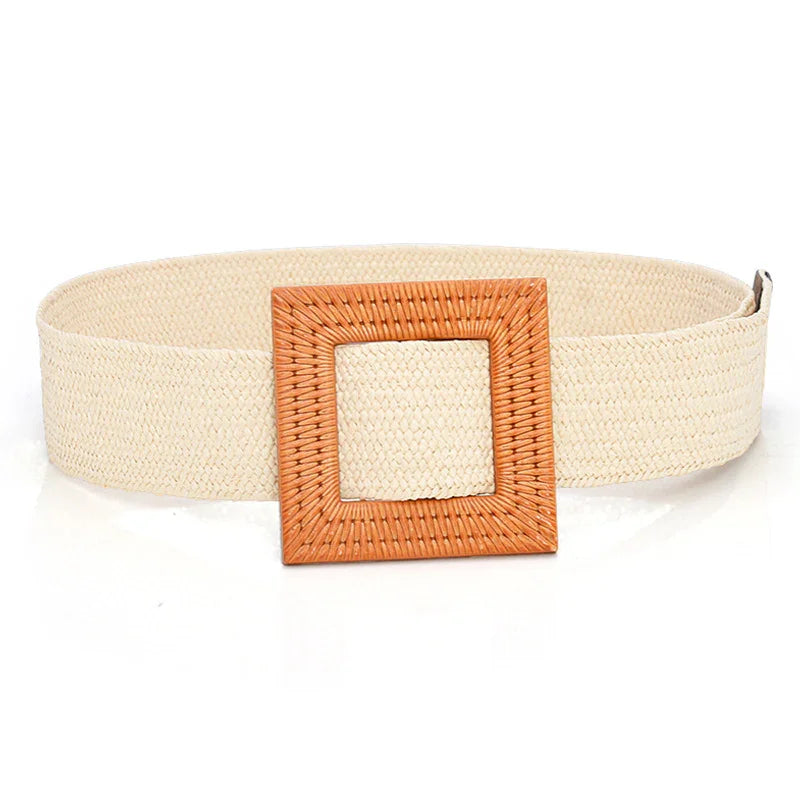 Beige braided fabric belt with large square wooden buckle on white background