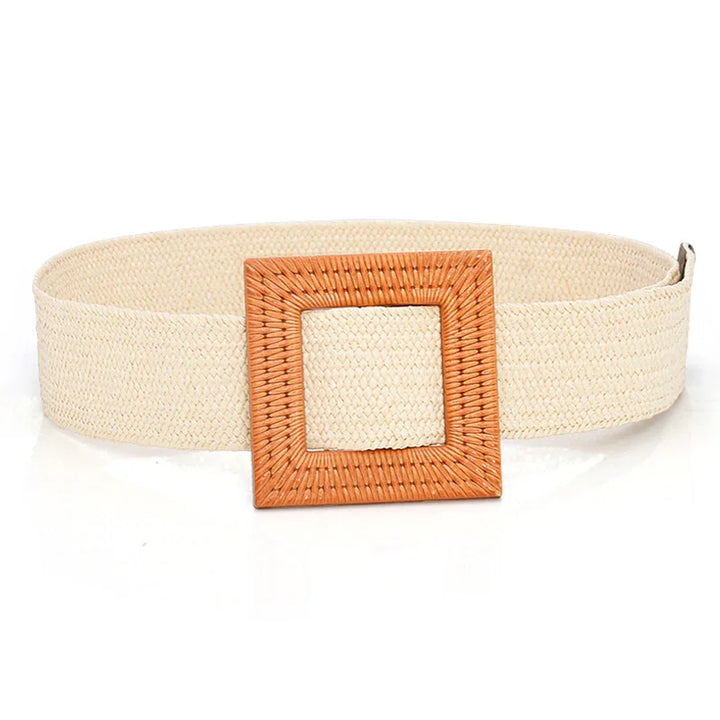 Beige braided fabric belt with large square wooden buckle on white background