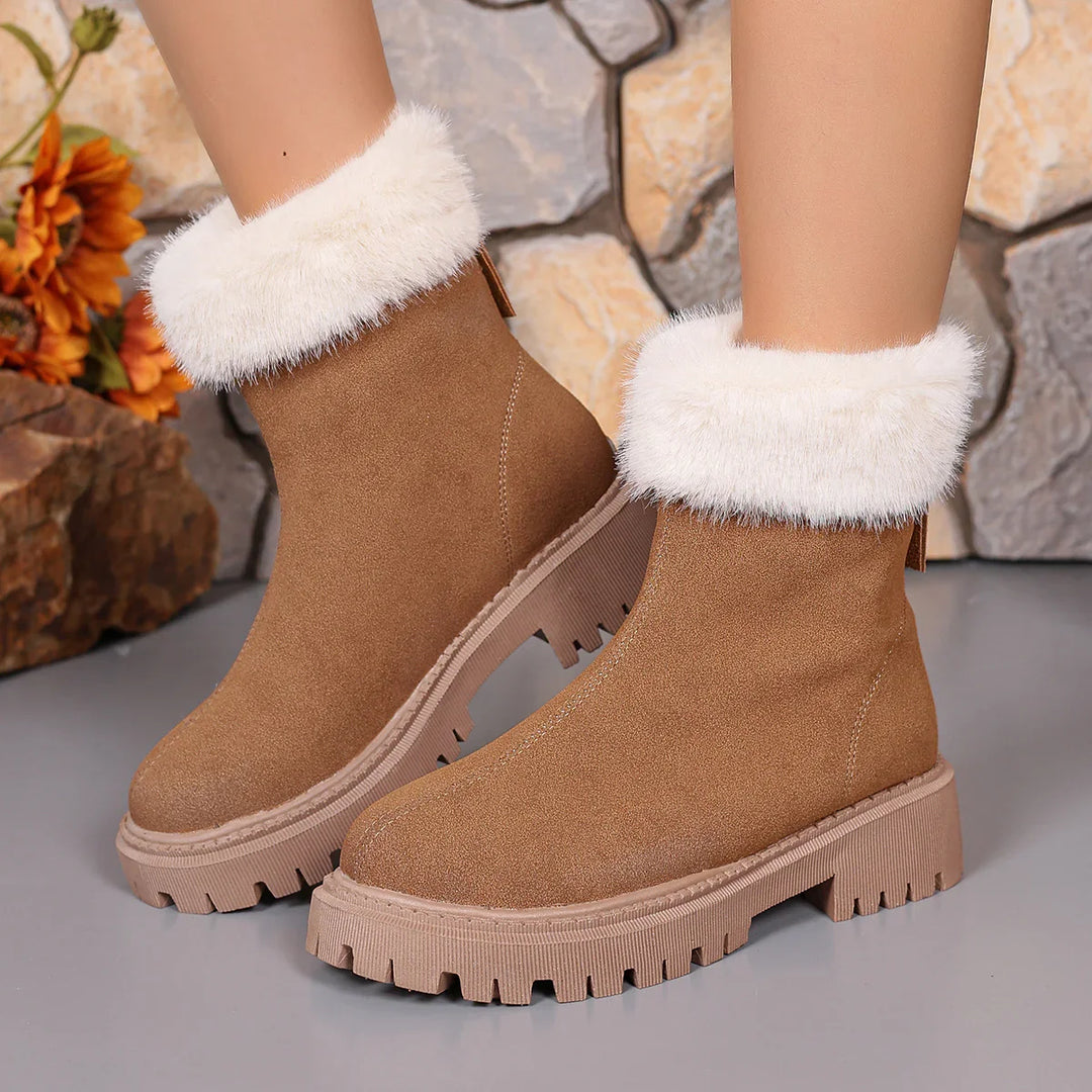 Women's tan suede ankle boots with white faux fur trim and rugged rubber soles