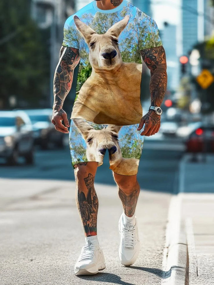 Man wearing matching kangaroo print shirt and shorts with tattoos walking on urban street