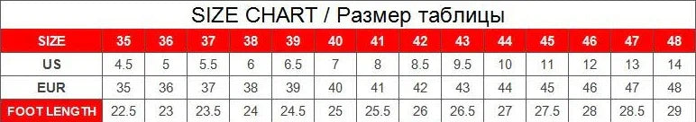 Shoe size chart showing US, EU sizes and foot length in centimeters from size 35 to 48