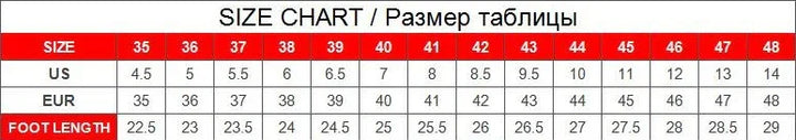 Shoe size chart showing US, EU sizes and foot length in centimeters from size 35 to 48