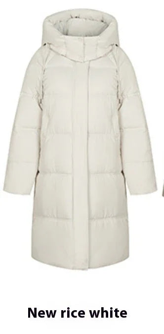 New rice white women's puffer winter coat with hood and long sleeves
