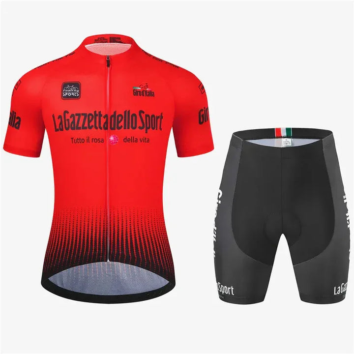 Red Giro d'Italia cycling jersey and black La Gazzetta dello Sport bike shorts set