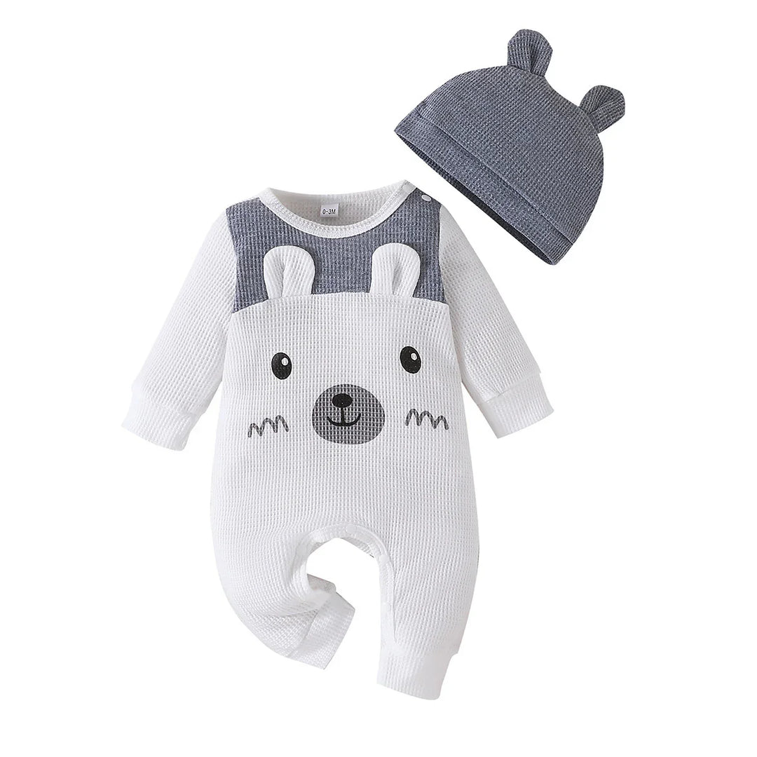 White and gray baby romper with bear face design and matching gray hat with ears