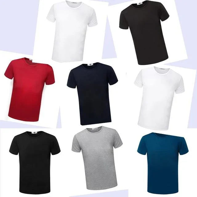 Collection of plain crew neck t-shirts in red, black, white, gray, navy, and blue colors on a light background