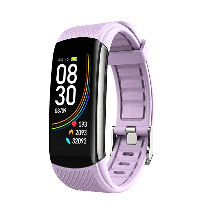 Purple fitness tracker smartwatch showing time, date, heart rate, calories burned, and step count