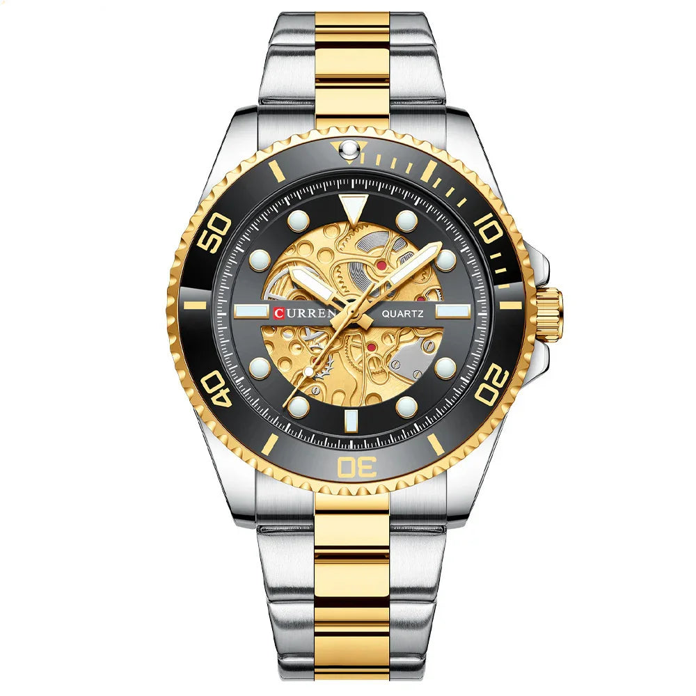 Curren men's quartz wristwatch with gold and silver stainless steel band and black detailed dial