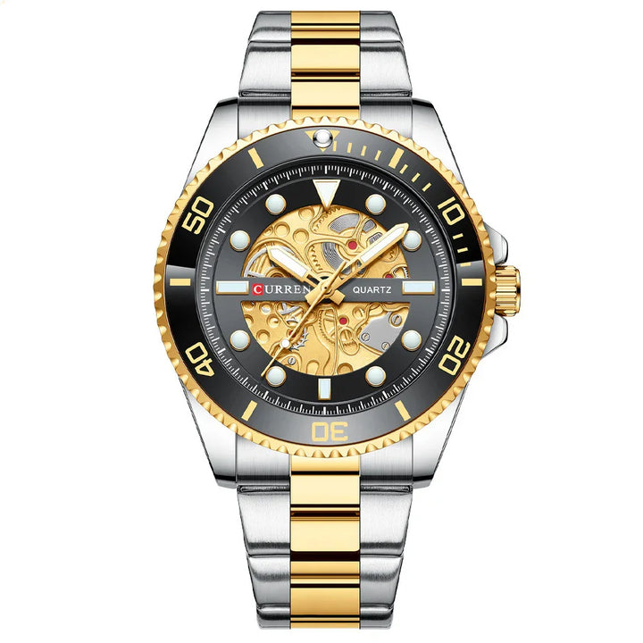 Curren men's quartz wristwatch with gold and silver stainless steel band and black detailed dial