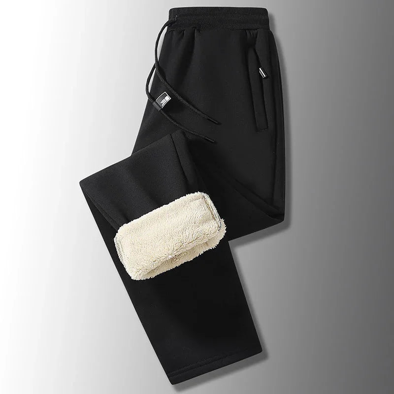 Black fleece-lined jogger pants with elastic waistband and drawstrings, cozy warm casual wear