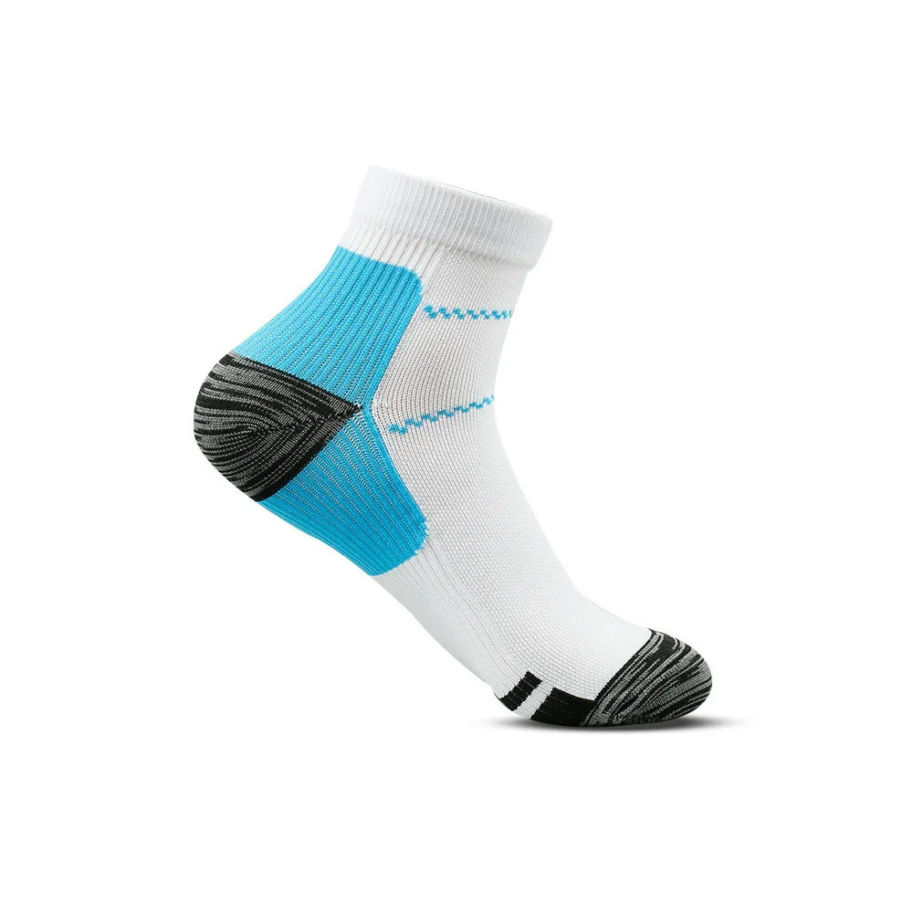 White ankle sport sock with blue arch support and black toe and heel reinforcement