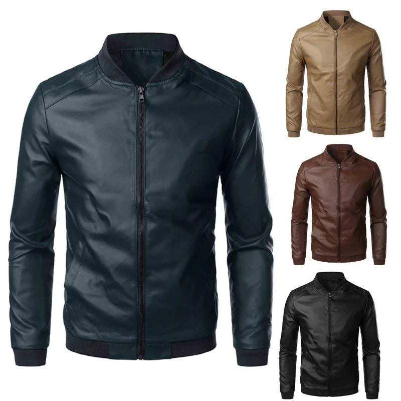 Men's slim fit leather bomber jackets in black, brown, camel, and navy blue colors