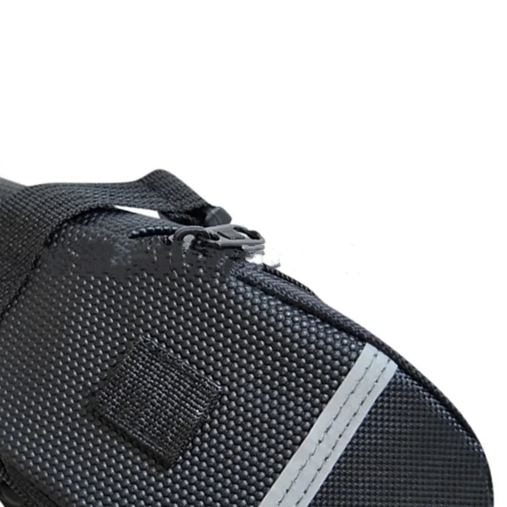 Black textured bike saddle bag with zipper and reflective safety strip