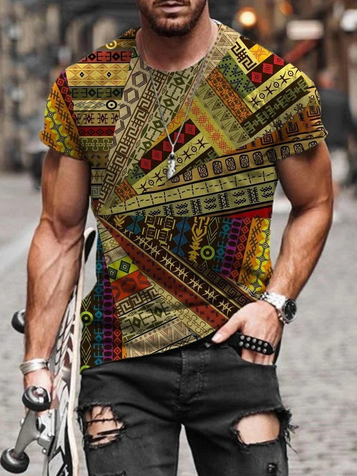 Man wearing colorful geometric pattern T-shirt and ripped black jeans holding skateboard on urban street