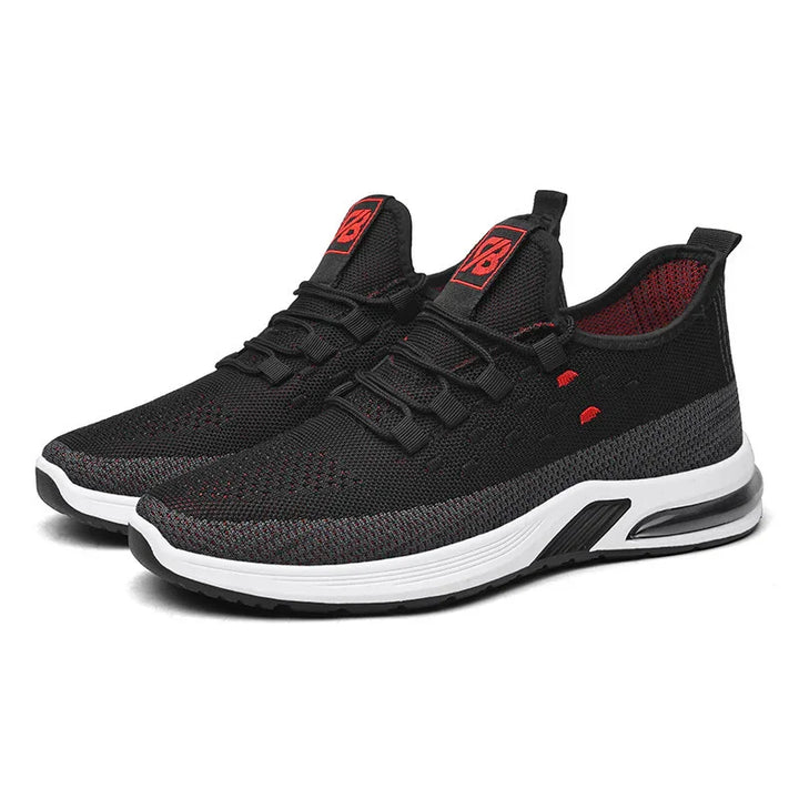 Black and red breathable knit running shoes with white sole and air cushion heel, lightweight sneakers