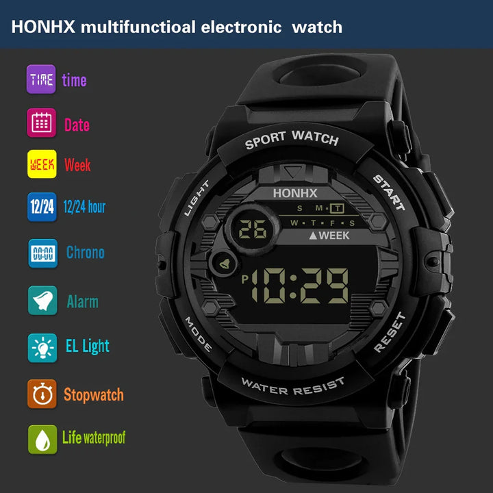 HONHX multifunctional black digital sport watch with date, week, alarm, stopwatch, and water resistance