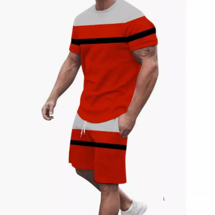 Man wearing red and gray casual t-shirt and shorts set with black horizontal stripes