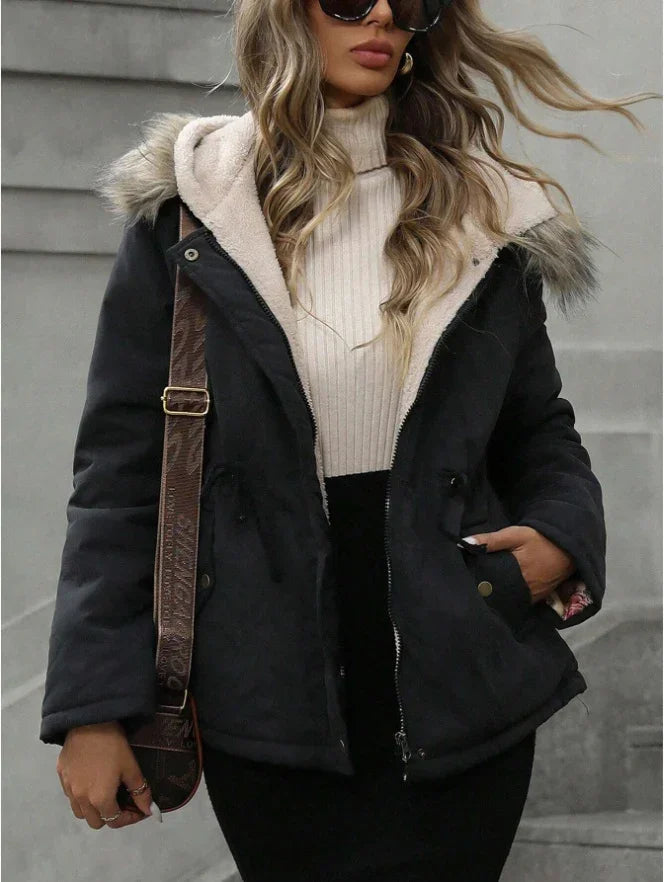 Woman in black fur-lined winter jacket, cream turtleneck sweater, and sunglasses outdoors
