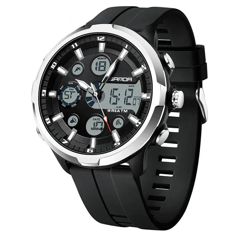 Black digital-analog sport wristwatch with silver bezel, rubber strap, and multi-function dial